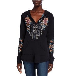 Johnny Was Eleni Hooded Embroidered Thermal Top in Black XS